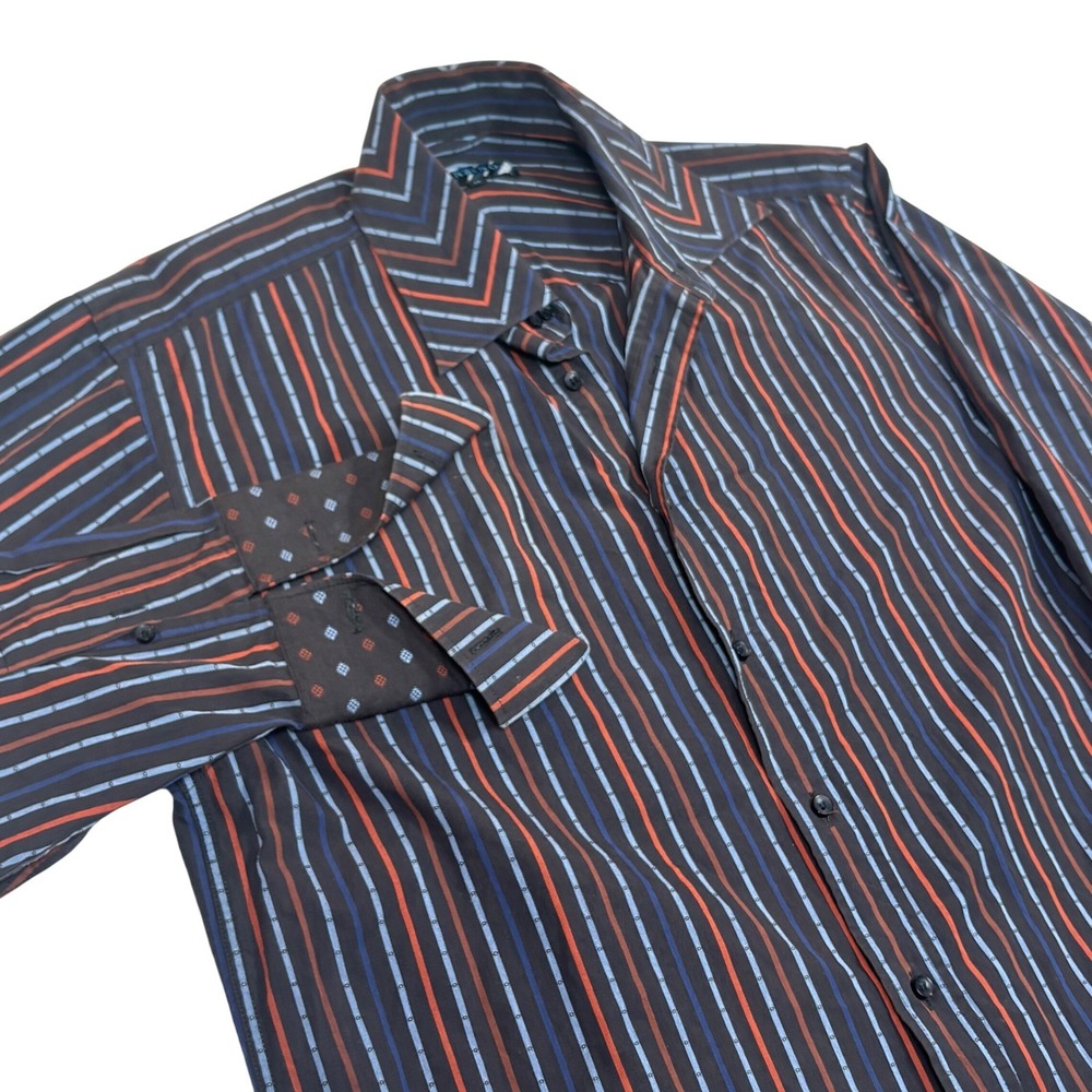 LANZINO Mens Medium Striped Button Down Dress Shirt Blue Red Black Long Sleeve